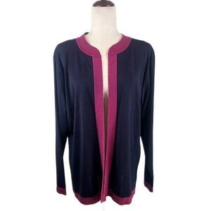 Exclusively Misook Cardigan Blazer Women's Size Large Navy Blue Pink Trim‎
